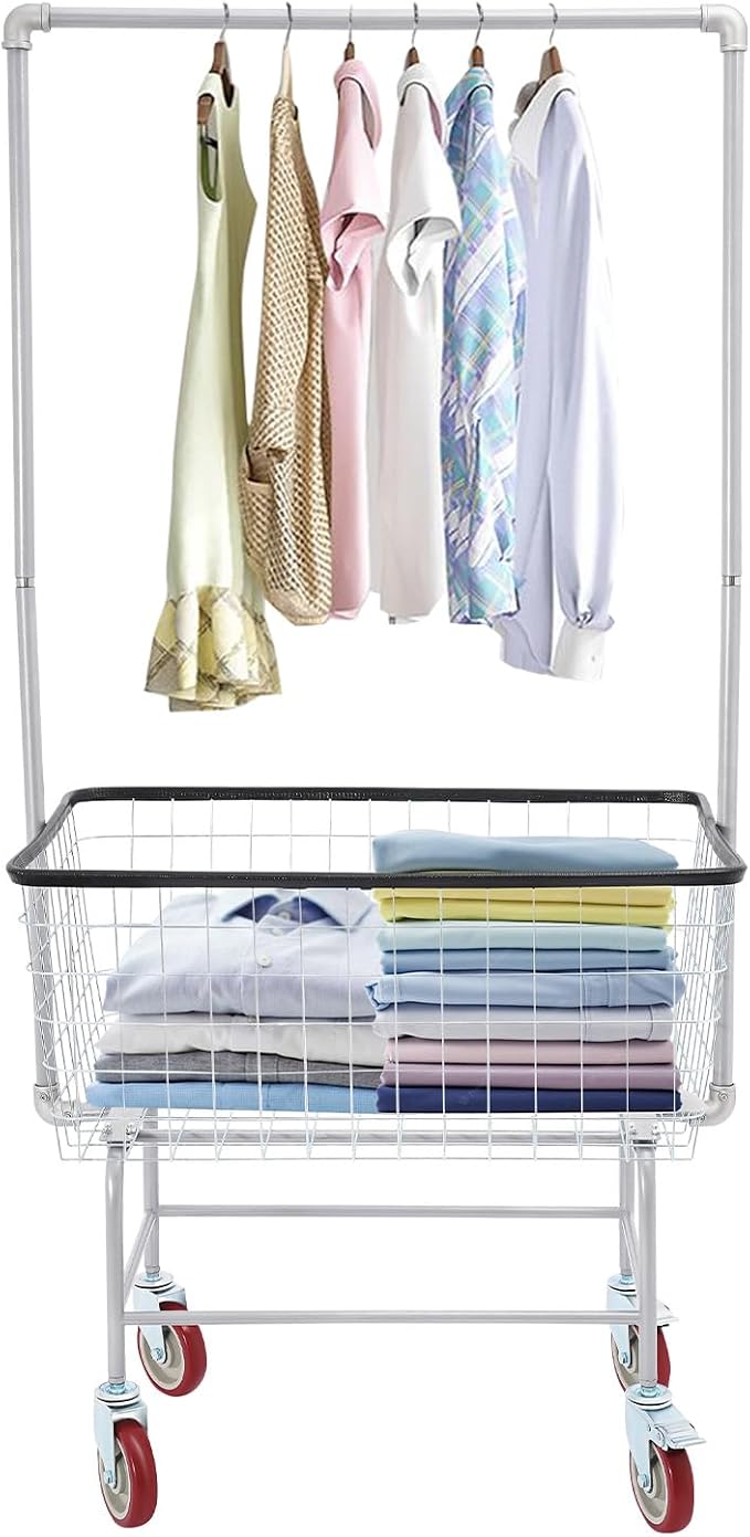 Wire Laundry Cart With Hanging Rack, 2.5 Bushel Wire Laundry Basket with Wheels - Image 9