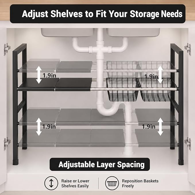 Expandable Under Sink Organizer, 2 Tier Under Sink Shelf, Height Adjustment - Image 5