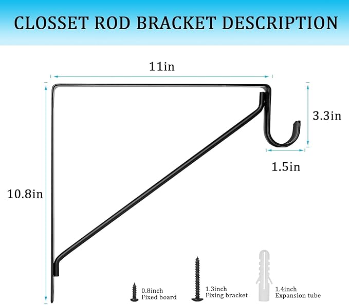 6 PCS Heavy Duty Closet Rod Bracket, 11 x 11 Inch Closet Shelf Brackets - Image 2