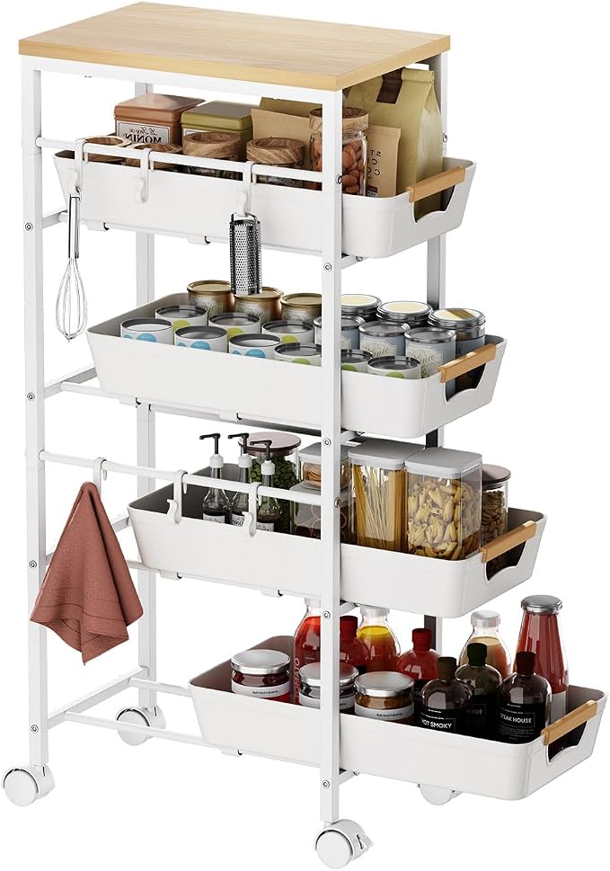 5-Tier Slim Storage Cart, Wooden Top Rolling Kitchen Cart by Unknown