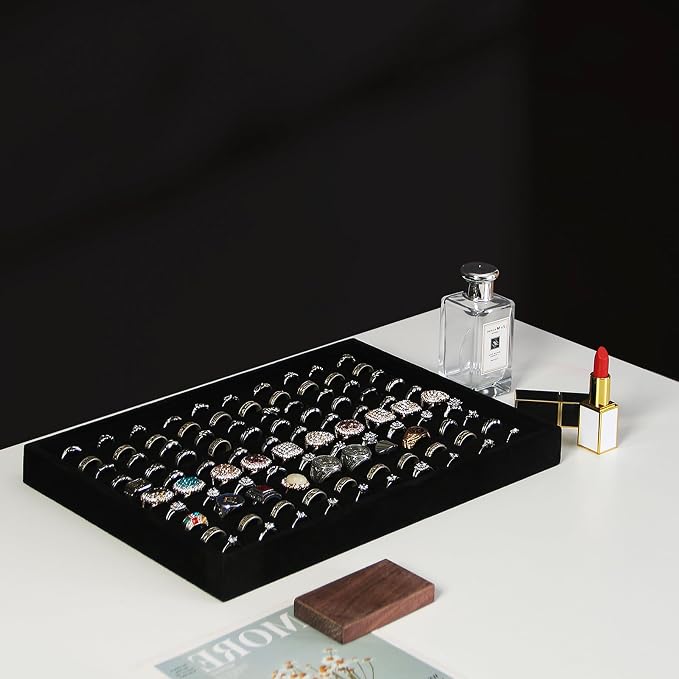 Coward 2Pcs/Set Black Velvet Stackable Ring Organizer Tray, Velvet Ring Earring - Image 2