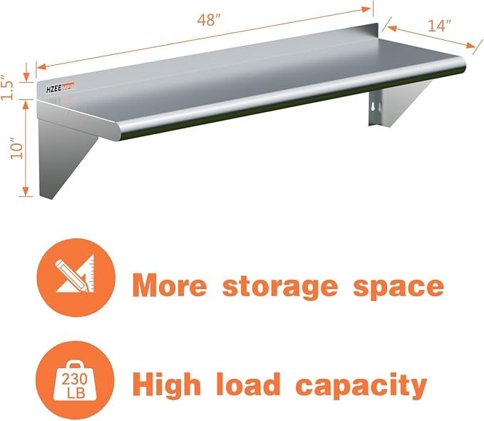 Stainless Steel Wall Mounted Shelf 14x48 inches 4ft, Commercial Food Service - Image 3