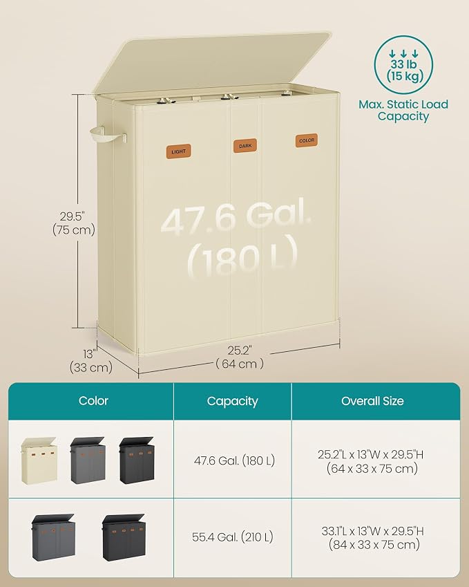 SONGMICS 47.6 Gallon Laundry Hamper, 3-Compartment Laundry Basket Sorter - Image 6