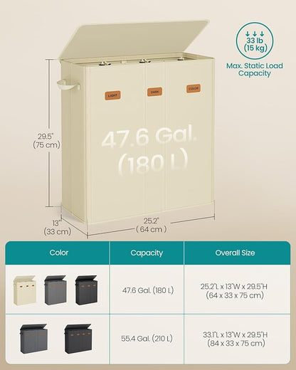 SONGMICS 47.6 Gallon Laundry Hamper, 3-Compartment Laundry Basket Sorter - Image 6