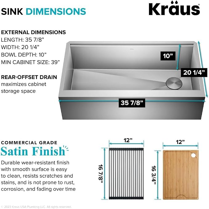 KRAUS Kore 36-Inch Farmhouse Workstation 16 Gauge Single Bowl Stainless Steel - Image 5