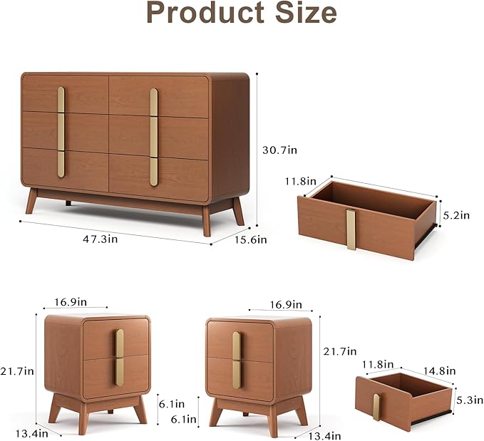 Mid Century Modern Bedroom Set, 6 Drawer Dresser and Nightstand Sets - Image 2