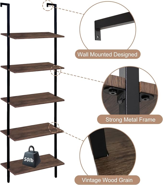 5 Tiers Ladder Shelf 2-Piece Black Modern Tall Bookshelf Open Large Tall Wall - Image 7