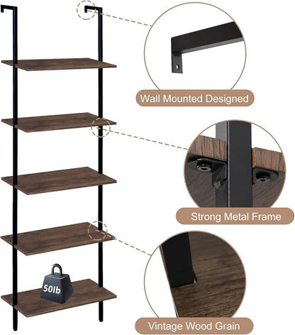 5 Tiers Ladder Shelf 2-Piece Black Modern Tall Bookshelf Open Large Tall Wall - Image 7