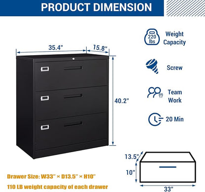 Lateral File Cabinet with Lock, 3 Drawer Large Metal Filing Cabinet, Home - Image 3