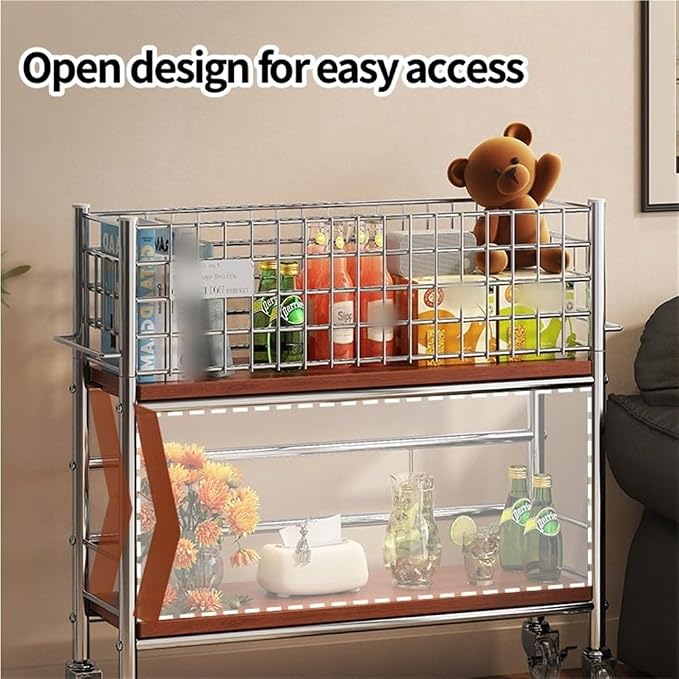 Slim Storage Cart with Wheels, 2 Tier Rolling Cart with Solid Wood Open Shelf - Image 5