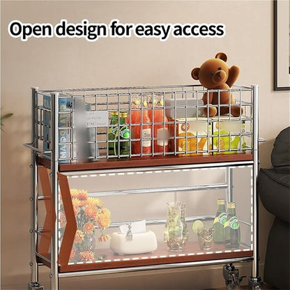 Slim Storage Cart with Wheels, 2 Tier Rolling Cart with Solid Wood Open Shelf - Image 5