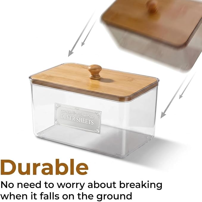 Dryer Sheet Holder with Bamboo Lid, Acrylic Laundry Clear Dryer Sheets - Image 6