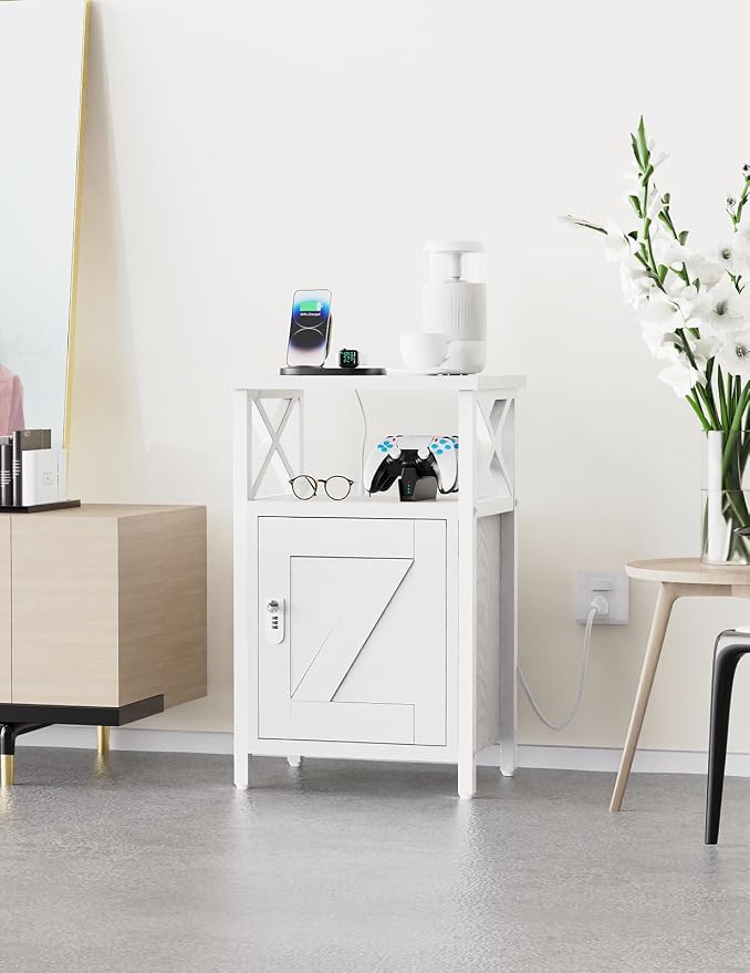 runjuly Wooden Nightstand with Lock Storage and Charging Station, Lockable - Image 7