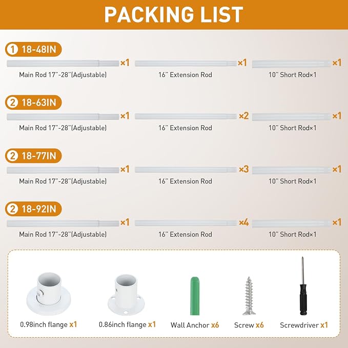 White Adjustable Closet Rod 18-77 Inches, Heavy Duty Metal Clothes Hanging Rod - Image 9