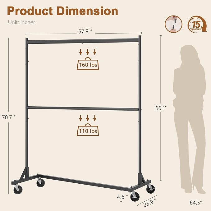 Hoctieon Double Rod Z Rack, Rolling Clothes Racks - Image 8