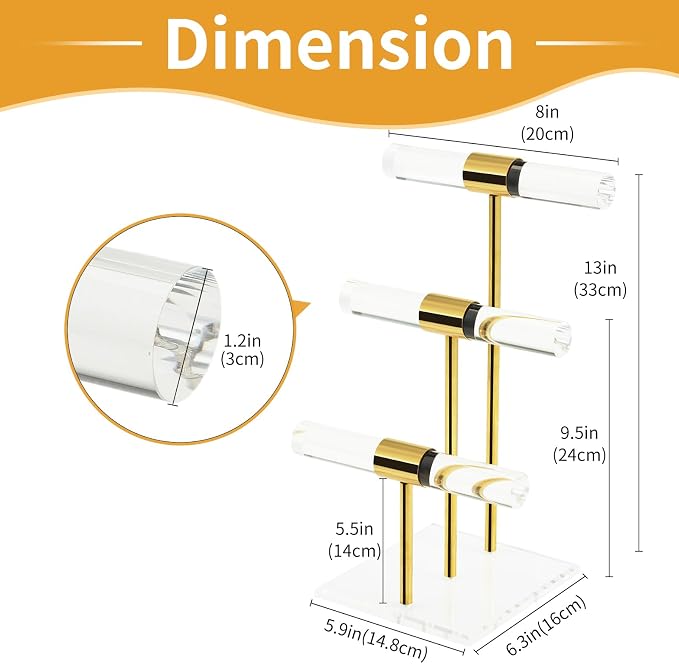 T-Bar Tangle-free Necklace and Jewelry Display Stands, 3-Tier Acrylic Bracelet - Image 2