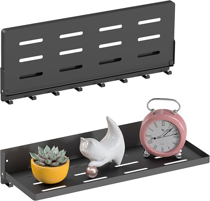 Folding Shelf with Hooks Wall Mount, Laundry Room Metal Shelves, Fold Up 90° by SKIKEN