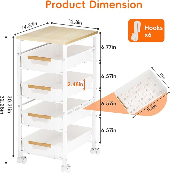 5-Tier Kitchen Storage Cart, Wood Top Rolling Cart Organizer - Image 5