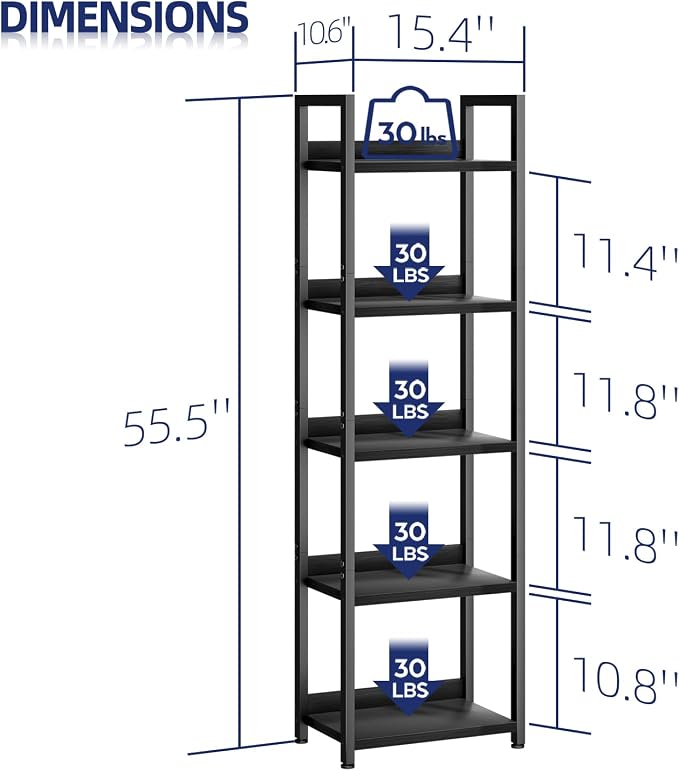 NUMENN Narrow Bookshelf, 5 Tier Bookshelves, Home Office Bookcase Shelf Storage - Image 3