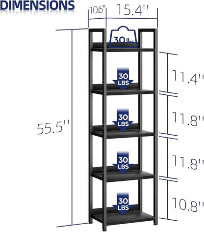 NUMENN Narrow Bookshelf, 5 Tier Bookshelves, Home Office Bookcase Shelf Storage - Image 3