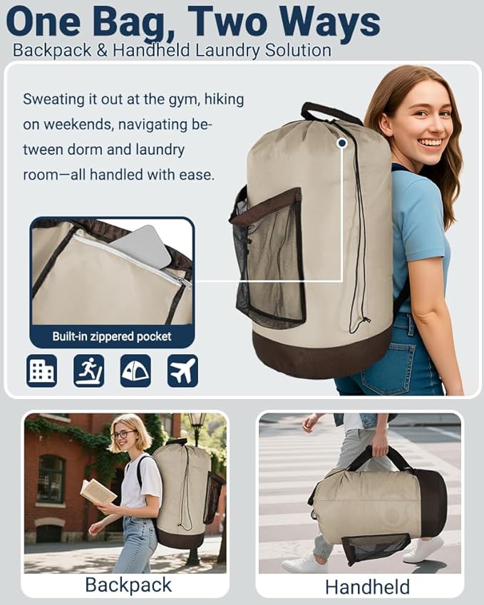 Laundry Bag with Shoulder Straps and Mesh Pocket Laundry Backpack Large - Image 4