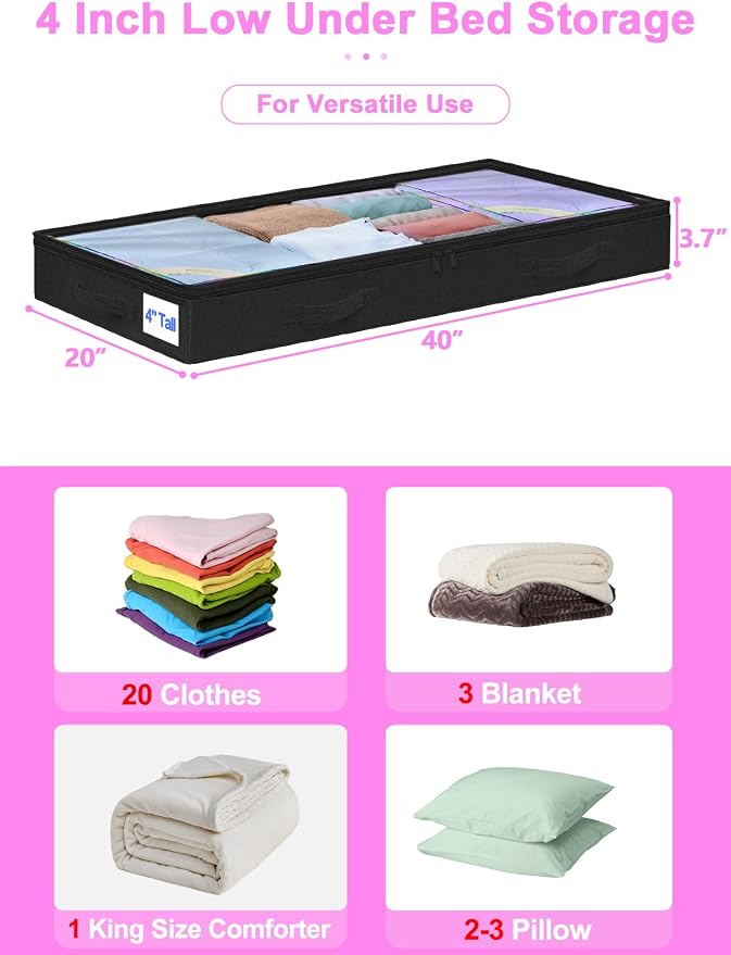 punemi Under Bed Storage Containers, Below 4 Inches Tall Low Profile Foldable - Image 2