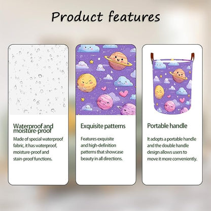 Laundry Baskets 15.7x19.7 Inch Large Cartoon Planets Clouds Design Collapsible - Image 2