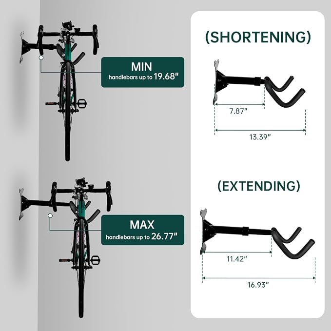 Black Bike Wall Mount Hanger Adjustable Space Saving Horizontal Bicycle Rack - Image 3