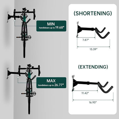 Black Bike Wall Mount Hanger Adjustable Space Saving Horizontal Bicycle Rack - Image 3