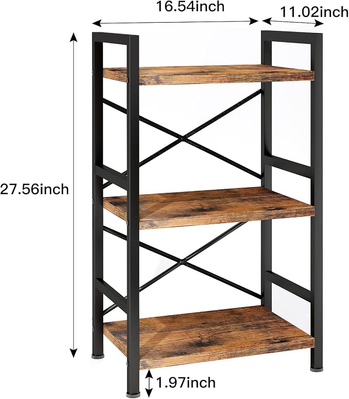 Homeiju Bookshelf, 3 Tier Industrial Bookcase, Metal Small Bookcase, Rustic - Image 3