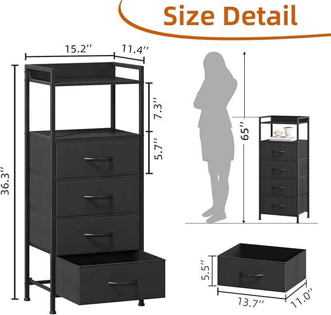 Somdot Nightstand with 4 Drawers, Vertical Fabric Dresser - Image 3