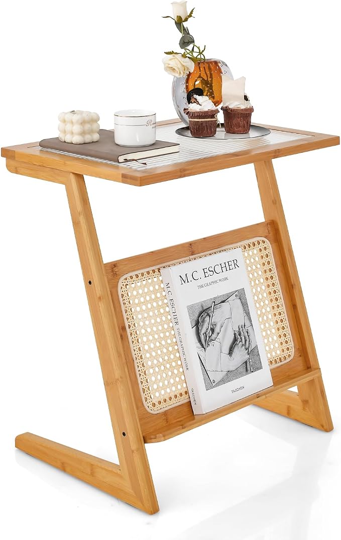 GOFLAME Rattan Side Table, Z-Shaped End Table by GOFLAME
