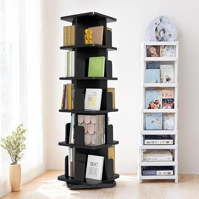 MHOM Black Rotating Bookshelf, 360 Display 5 Tier Rotating Bookshelf Tower by MHOM