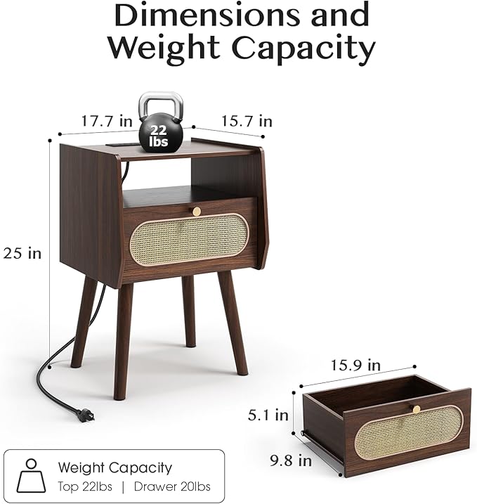 Nightstand Set of 2, Rattan Night Stands - Image 2