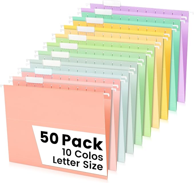 50-Pack Pastel Hanging File Folders, Letter Size by Jowaia