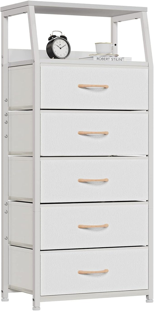 Furnulem White Tall Dresser for Bedroom, 5 Fabric Bins Tall Nightstnd | Dorm by Furnulem