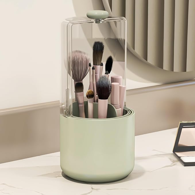Makeup Brush Holder with Dustproof Cover, Sage Green - Image 7