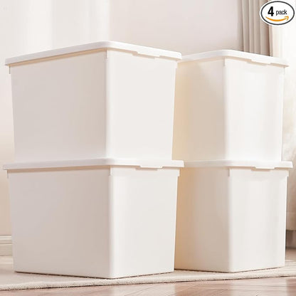 White Storage Bins with lids, Office stackable Plastic Boxes Set of 4, Garage by Yishyfier