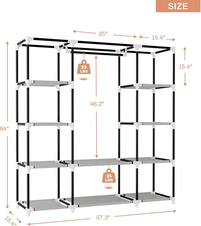 VTRIN Portable Closet Wardrobe for Hanging Clothes 57.3 Inch Large Capacity - Image 3