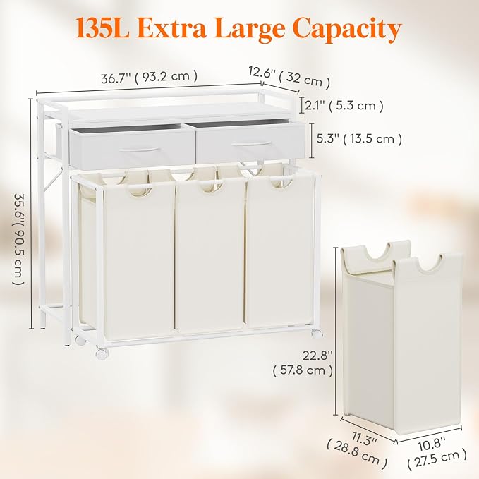 Lifewit Laundry Hamper 3 Section, Large Rolling Laundry Sorter - Image 6