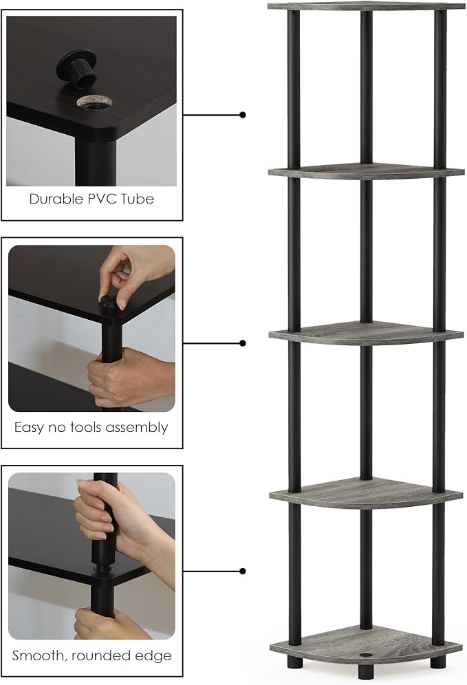 Furinno TURN-N-TUBE Corner Shelf Set of 2, 5-Tier Corner Bookshelf, Open - Image 5