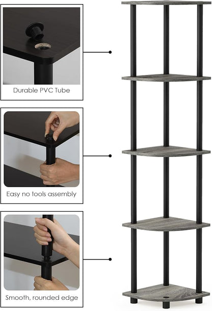 Furinno TURN-N-TUBE Corner Shelf Set of 2, 5-Tier Corner Bookshelf, Open - Image 5