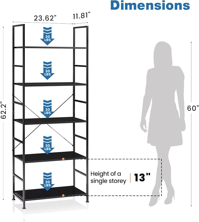 DUMOS 5 Tiers Open Bookshelf, Classic Freestanding Tall Display Shelf, Sturdy - Image 3