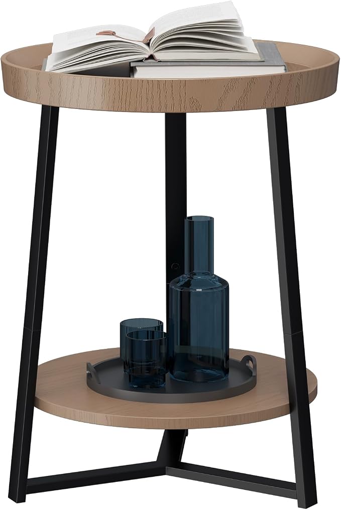 Gadroad Round End Table with Storage Shelf, 2 Tier Farmhouse Side Table by Gadroad