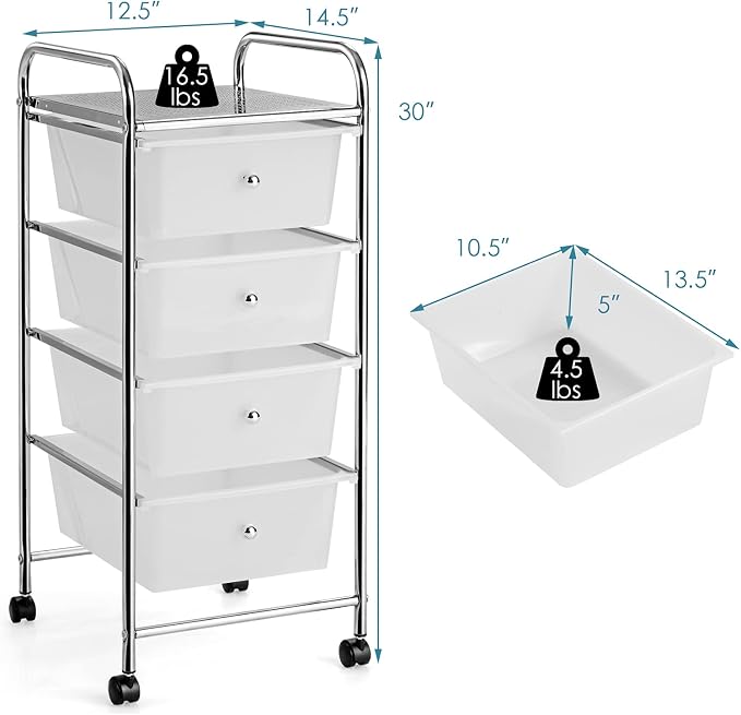 Giantex Rolling Cart with Drawers, Craft Organizer with Wheels, 4 Drawer - Image 3