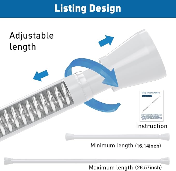 2 Pack Tension Rods 16 to 26 Inch Spring Adjustable Curtain Rods No Drilling - Image 2