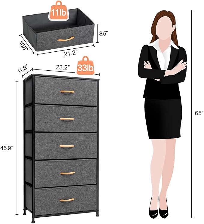 Tall Dresser, Wide Vertical Fabric Storage Organizer, 5 Drawers | Sturdy Steel - Image 3