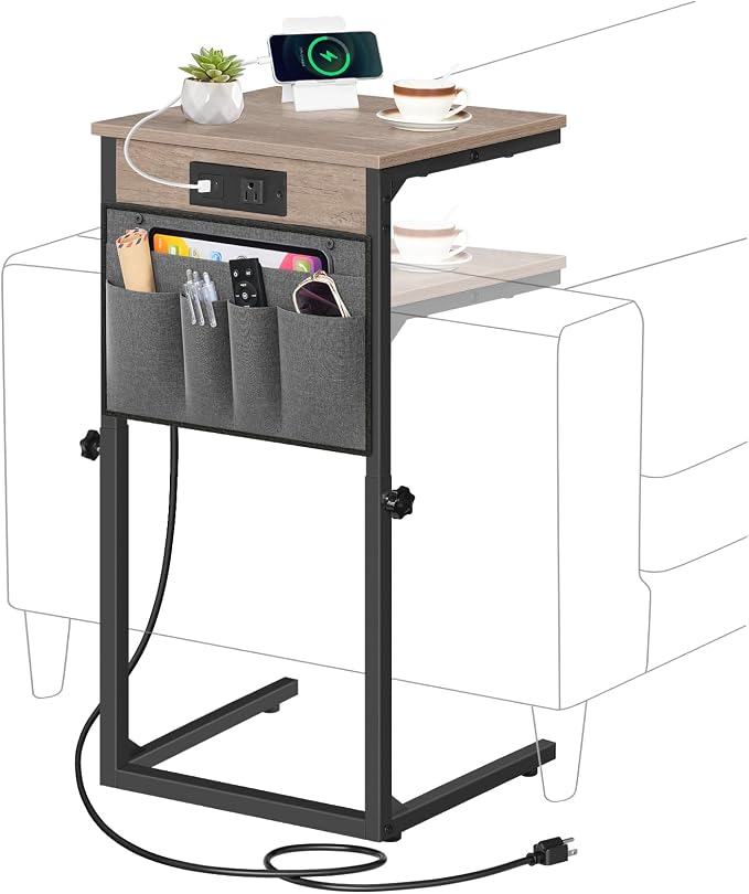 HOOBRO C Shaped End Table with Charging Station, 30” Adjustable Height Sofa by HOOBRO