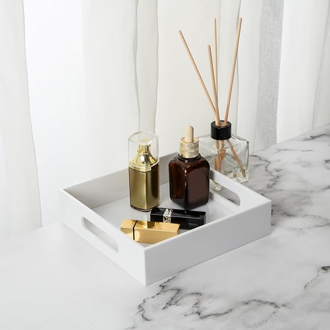 White Sturdy Acrylic Tray with Handles-8x8 Inch- Countertop Organizer Tray - Image 3