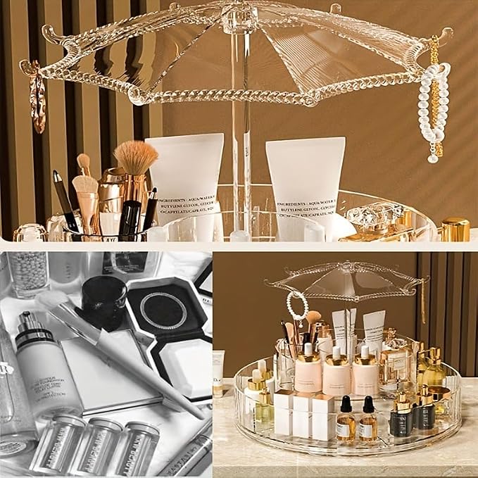 Clear Acrylic Rotating Cosmetic Organizer Umbrella Design, 360° Makeup Storage - Image 7